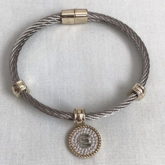 Silver Cable Initial E Bracelet Two Tone Magnetic Closure - Picture 2 of 5